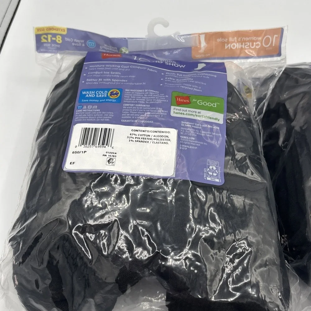 Hanes Womens Cushion No Show Socks Ecosmart 20 Pairs 8-12 Black 650/1P